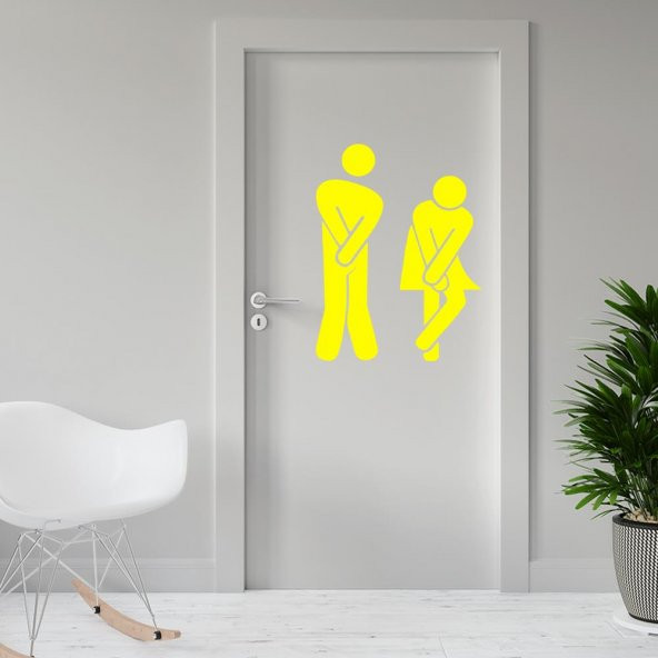 Sıkışmış Kadın Erkek Espirili WC Silüeti Dekoratif Kapı Sticker, Çıkartma - 7
