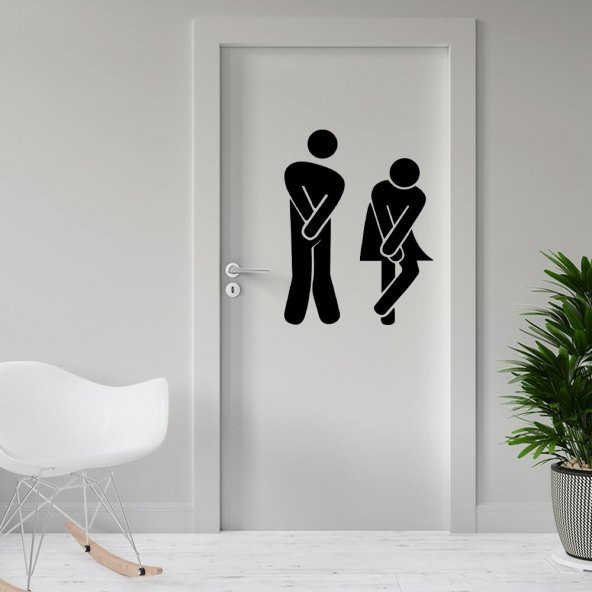 Sıkışmış Kadın Erkek Espirili WC Silüeti Dekoratif Kapı Sticker, Çıkartma - 8