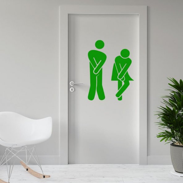 Sıkışmış Kadın Erkek Espirili WC Silüeti Dekoratif Kapı Sticker, Çıkartma - 10