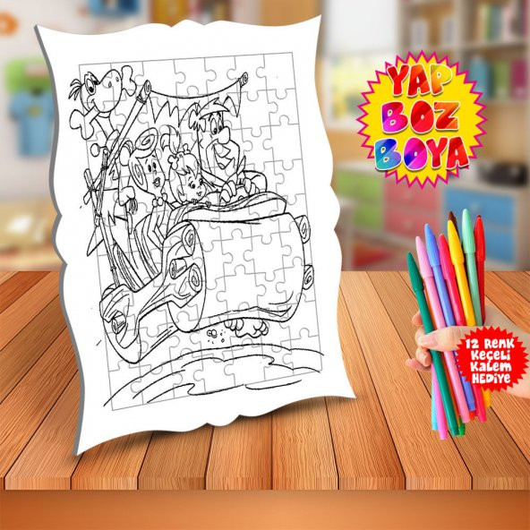 Çakmaktaş Ailesi ve Dinozor Eğitici Boyama Puzzle Tablo Çocuk-337 - 1