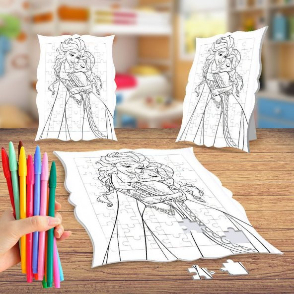 Anna ve Elsa Boyama Puzzle Tablo Çocuk Eğitici Yapboz