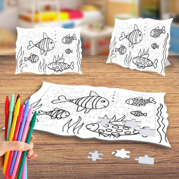 Denizde Yüzen Balıklar Boyama Puzzle Tablo Çocuk Eğitici Yapboz - 1