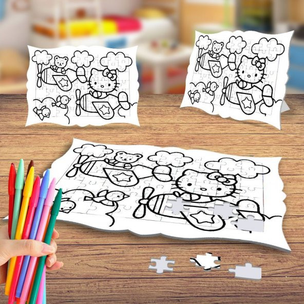 Hello Kitty Boyama Puzzle Tablo Çocuk Eğitici Yapboz