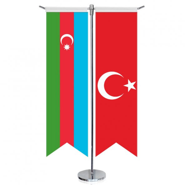 Azerbaycan Bayrağı ve Türkiye - Kırlangıç - Saten T direk 2li Masa Bayrağı
