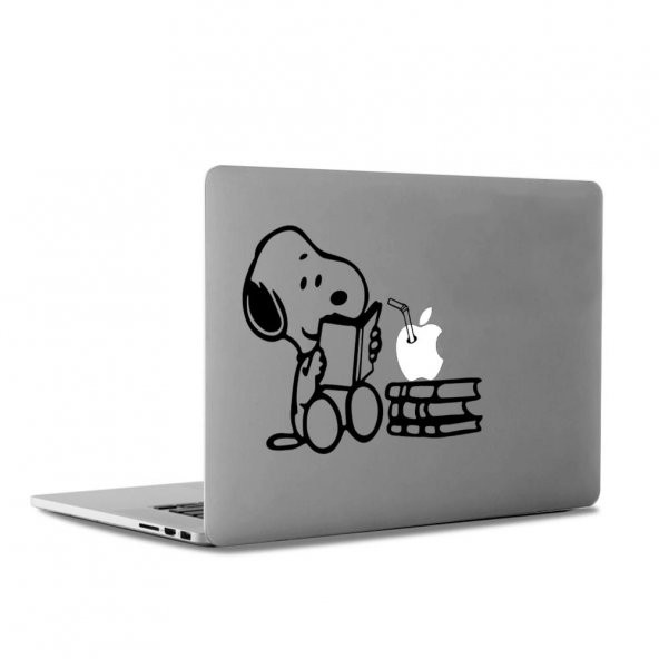 Snoopy Kitap Okuyup Elma Suyu içiyor Mac Book Laptop Sticker, Etiket, Çıkartma