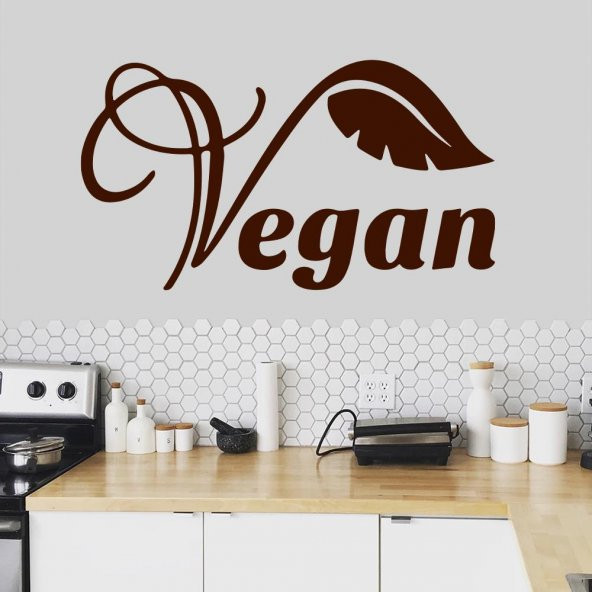 Vegan Yazılı Yaprak Silüet Dekoratif Duvar Sticker, Çıkartma, Etiket - 3