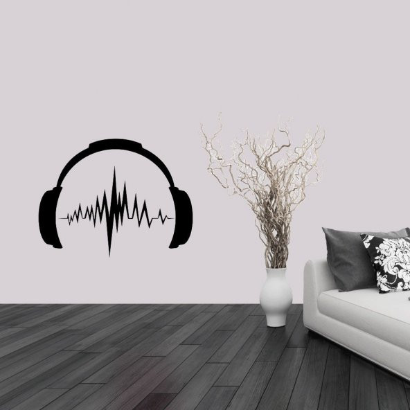 Beat - Yüksek Ritimli Ses Dalgası - Kulaklık Silüeti Dekoratif Duvar Sticker, Çıkartma