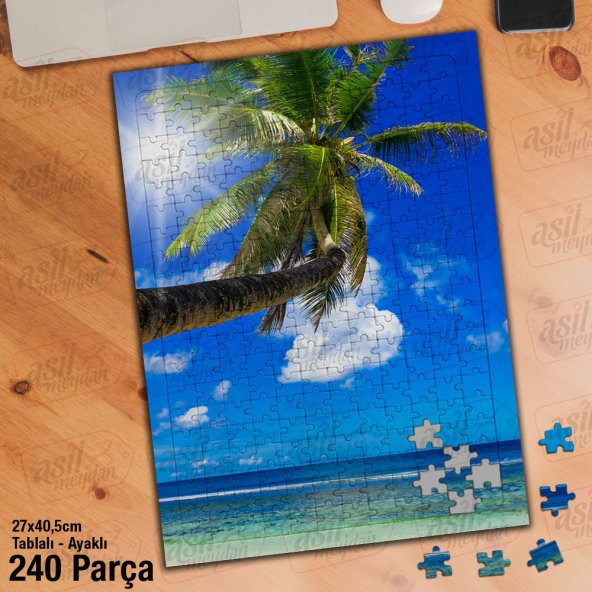 Asil Hobi Palmiye Ağacı - Deniz -Güneş-Manzara -Doğa Yapboz-Ayak Destekli Çerçeveli 240 Parça Puzzle
