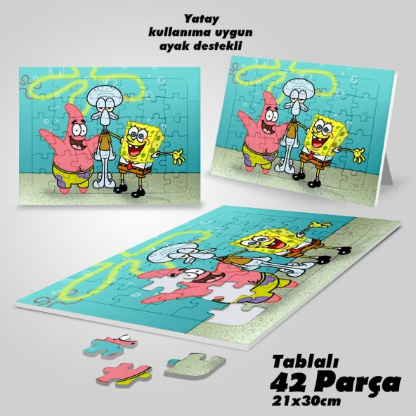Asil Hobi Sünger Bob ve Arkadaşları - Çocuklar İçin Eğitici Yapboz- Ayak Destekli 42 Parça Puzzle