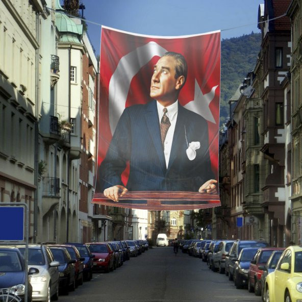 Göğe Bakan Ay Yıldızlı Mustafa Kemal Atatürk Poster Cephe Bayrak - Okul - Kutlama - Anı -4x6 metre