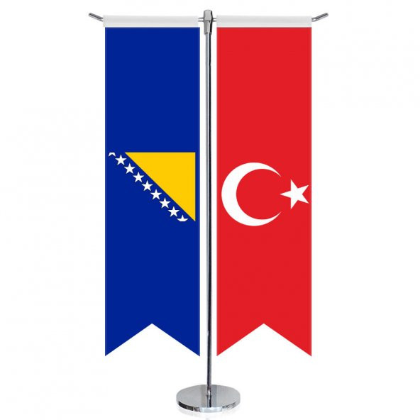 Bosna i Hercegovina -Bosna Hersek Bayrağı ve Türkiye - Kırlangıç - Saten T direk 2li Masa Bayrağı