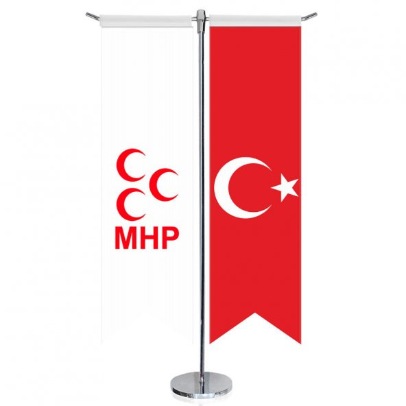 Beyaz Milliyetçi Hareket Partisi (MHP) Bayrağı ve Türkiye - Kırlangıç-Saten T direk 2li Masa Bayrağı