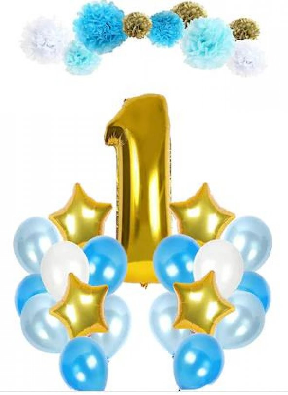 1 Yaş Balon Seti Doğum Günü Gold Mavi Ponponlu Parti Seti