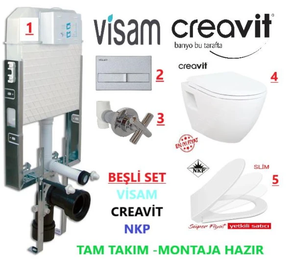 VİSAM-CREAVİT TP325 - NKP KAPAK - GÖMME REZERVUAR ASMA KLOZET SETİ 5 Lİ - 2