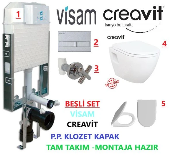 VİSAM-CREAVİT TP325 - ŞİMPA KAPAK - GÖMME REZERVUAR ASMA KLOZET SETİ 5 Lİ - 2