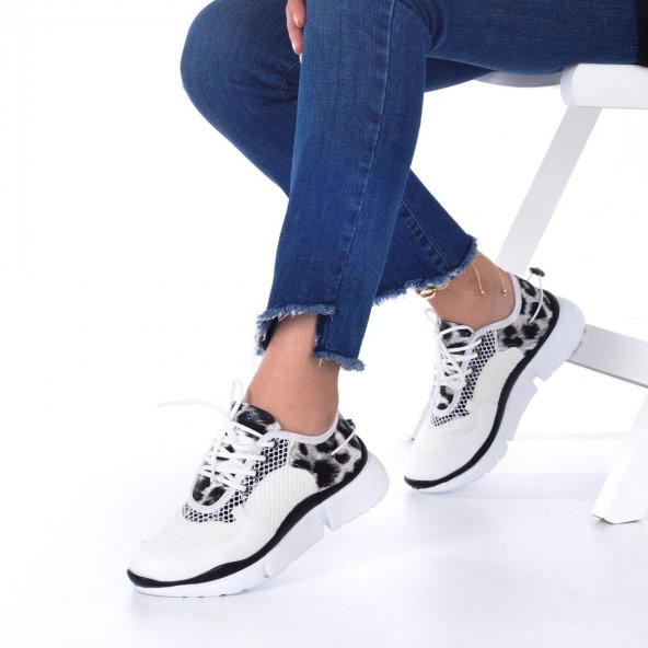 Alnus Kadın Spor Ayakkabı - Leopar Desenli, Siyah, Beyaz