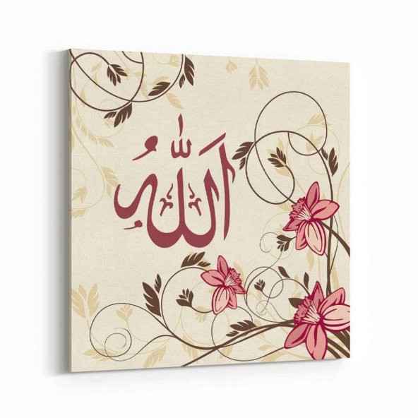 Tabrika Allah Lafzı Pembe Çiçek Kanvas Tablo