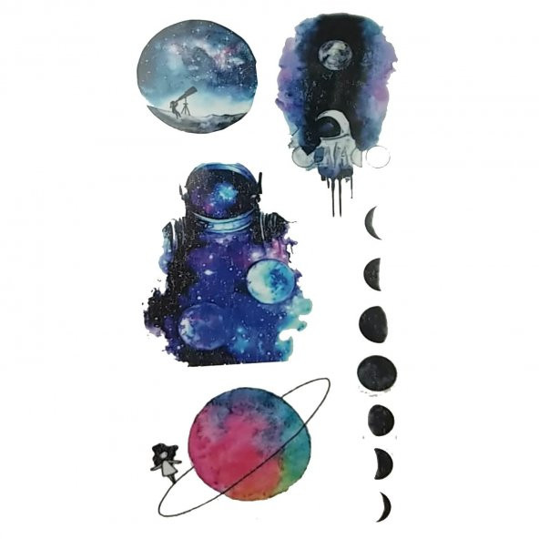 Astronot Uzay Ay Geçici Dövme Seti, Sticker Ay Renkli Tattoo
