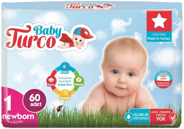 Baby Turco Bebek Bezi Jumbo Beden:1 (2-5Kg) Yeni Doğan 60 Adet