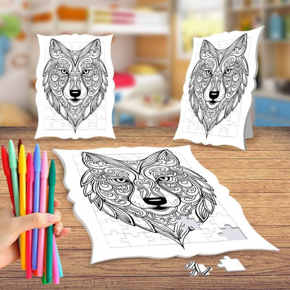 Desenli Kurt Kafası Boyama Puzzle Tablo Çocuk Eğitici Yapboz