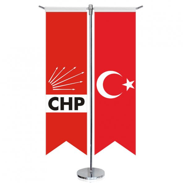 Cumhuriyet Halk Partisi (CHP) Bayrağı - Logo ve Türkiye - Kırlangıç -Saten T direk 2li Masa Bayrağı