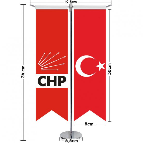 Cumhuriyet Halk Partisi (CHP) Bayrağı - Logo ve Türkiye - Kırlangıç -Saten T direk 2li Masa Bayrağı - 2