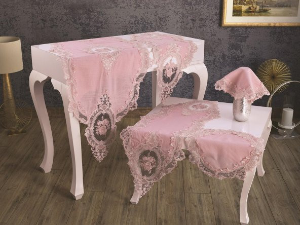 Fransız Güpürlü Kadife Elit Salon Takımı 5 Parça Pudra ürün görseli