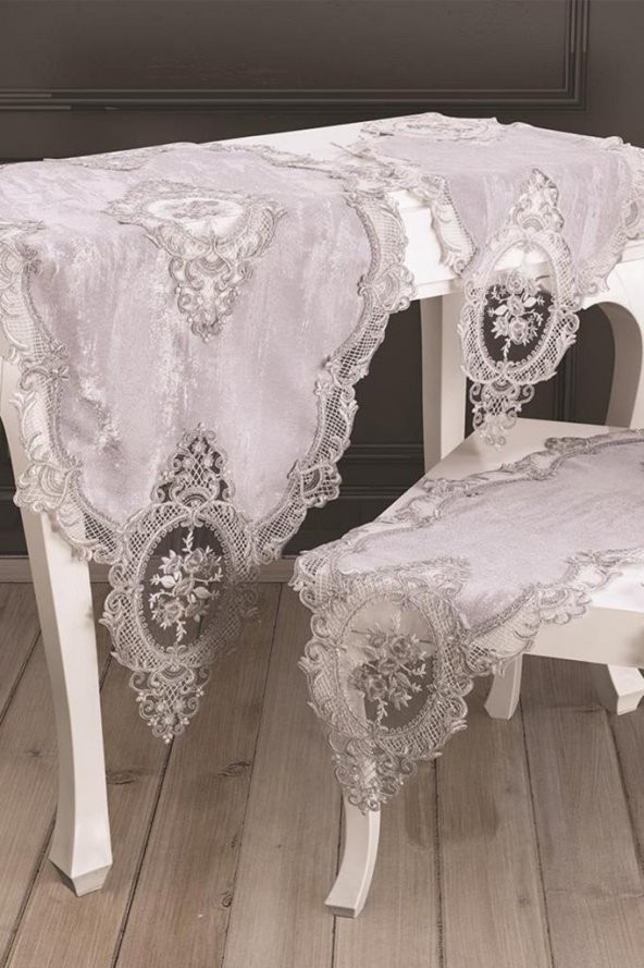 Fransız Güpürlü Şönil Elit Salon Takımı 5 Parça Gri - 2