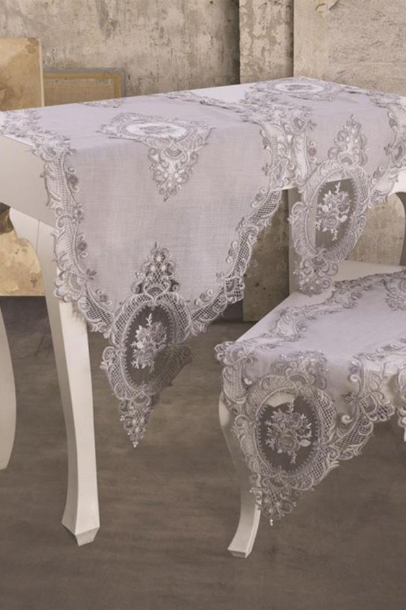 Fransız Güpürlü Kadife Elit Salon Takımı 5 Parça Gri - 2