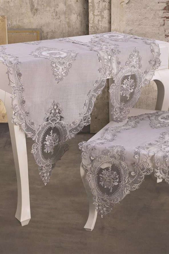 Fransız Güpürlü Kadife Elit Salon Takımı 5 Parça Gri - 4