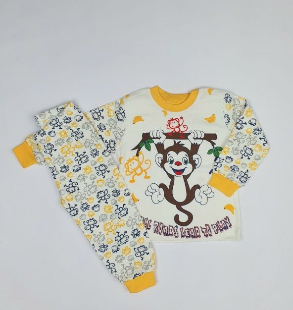 Erkek Bebek Maymun Modelli Pijama Takımı 1-3 Yaş Sarı - C70840-18