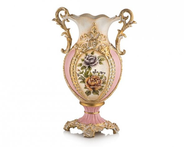 Porio Pr58-1030-Altın-Pembe Çiçek Desenli Kulplu Vazo 46*30