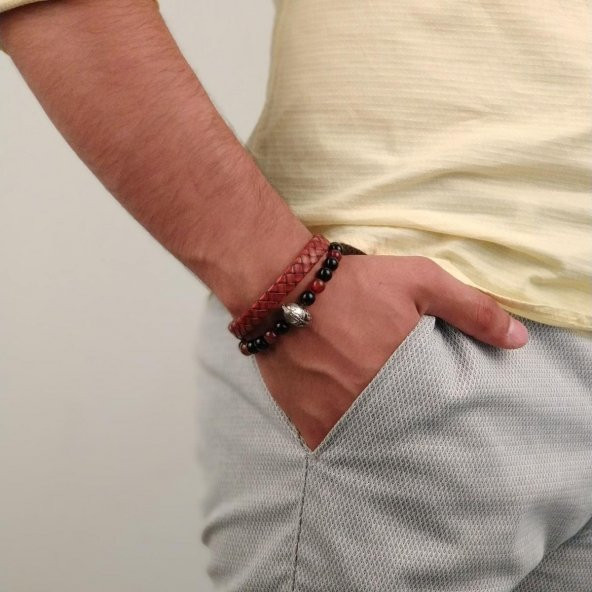 JTKB19016 JANTİ 2 Lİ KOMBİN DOĞAL TAŞ ve DERİ BİLEKLİK MİĞFER FİGÜRLÜ - 5