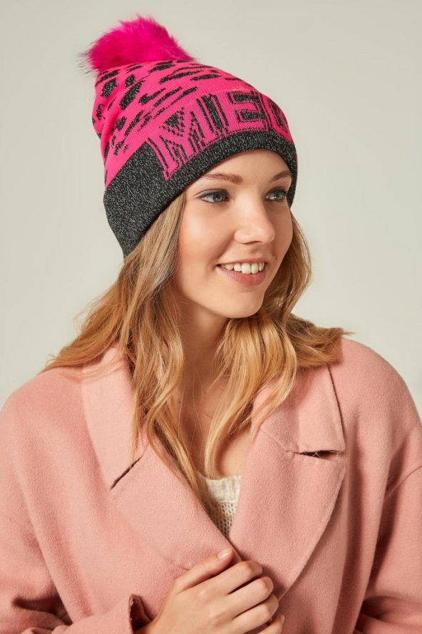Felice Butik 9391 Meow Sloganlı Fuşya Leopar Bere - 4