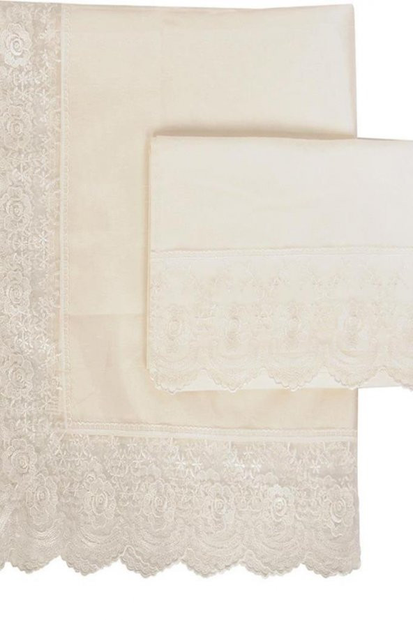 Fransız Güpürlü Kure Saten Havlu Bohça 2li Set Krem - Resim 3