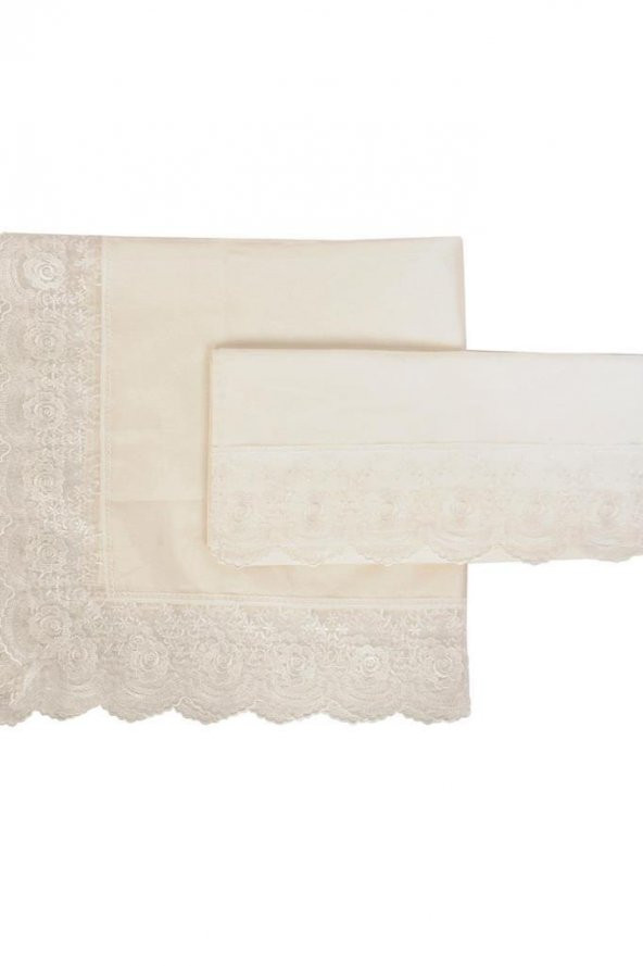 Fransız Güpürlü Kure Saten Havlu Bohça 2li Set Krem - Resim 5