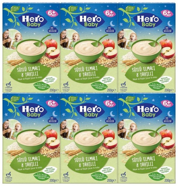 Hero Baby Gece Sütlü Elmalı 8 Tahıllı Kaşık Maması 200Grx6 Adet