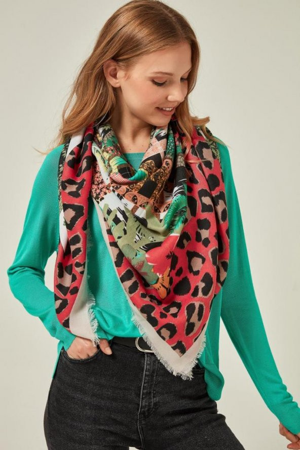 Felice Butik 12094 Leopar Desenli Püsküllü Pembe Büyük Kare Şal - 2