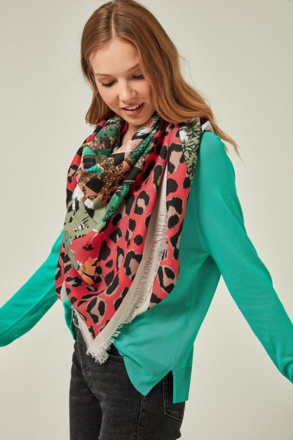 Felice Butik 12094 Leopar Desenli Püsküllü Pembe Büyük Kare Şal - 3