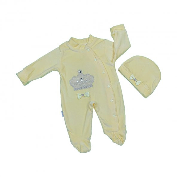Kız - Erkek Bebek Şapkalı Taşlı Taç İşlemeli Kadife Tulum 0-3 Ay Sarı - C73790