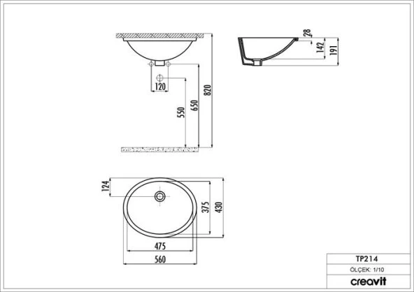 Creavit TP214 Tezgah Altı Oval Lavabo 37*47 cm Beyaz - 2