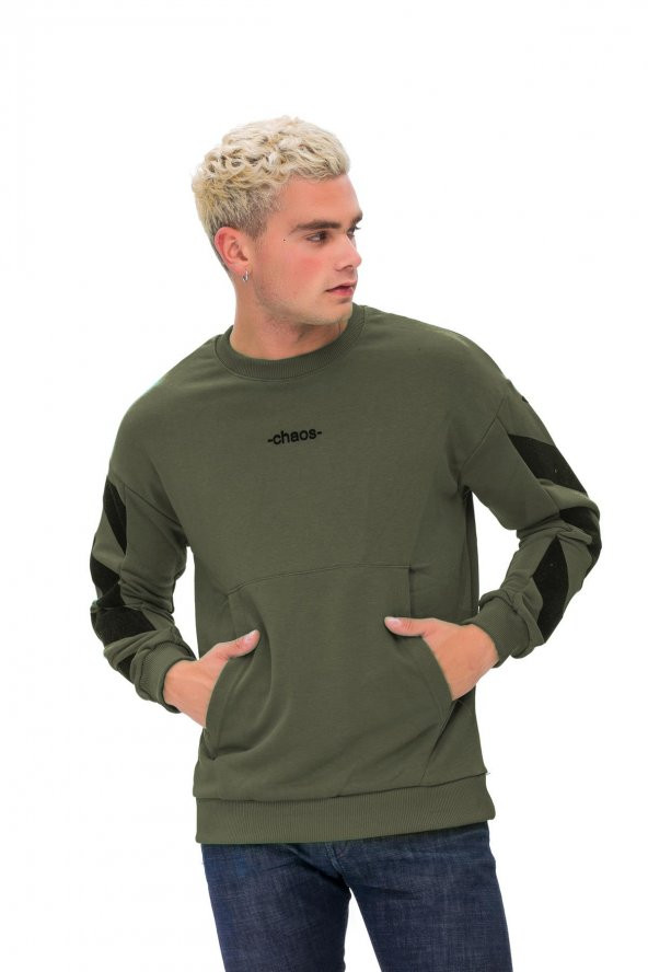 Karinmoda Erkek Baskılı Sweatshirt, Kanguru Cepli Haki - 6