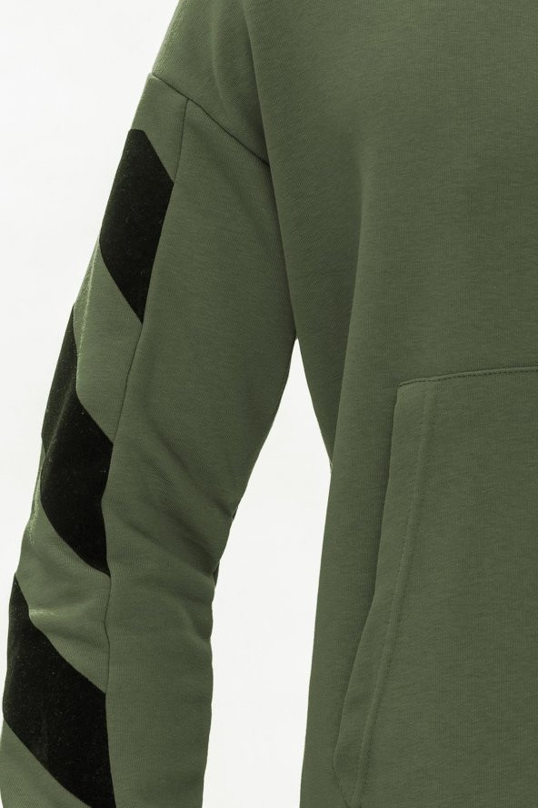 Karinmoda Erkek Baskılı Sweatshirt, Kanguru Cepli Haki - 7