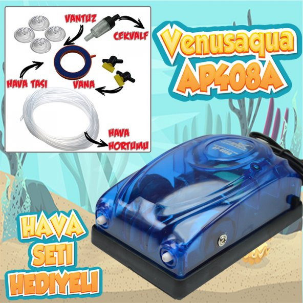 Venusaqua 408A Çift Çıkışlı Hava Motoru Akvaryum Halka Hava Seti