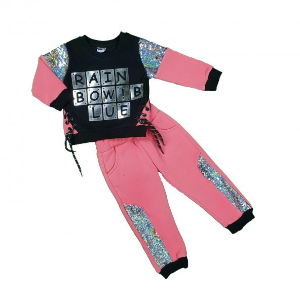 Kız Bebek Rainbow Yazılı Pullu Üç İplik İkili Takım 1-3 Yaş Nar Çiçeği - C74063-1