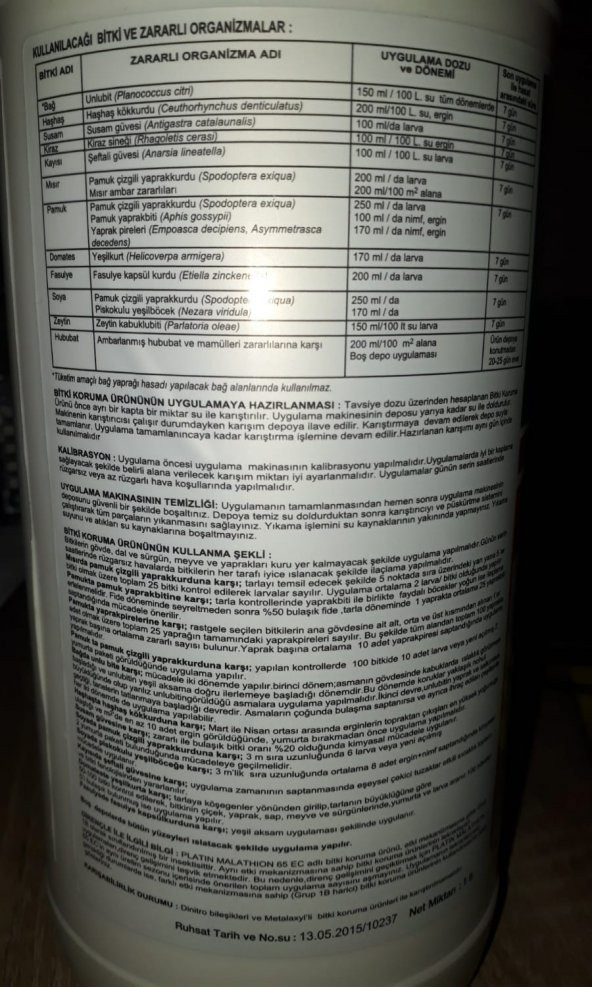Platin Malathion 65 EC 1  Litre Filiz Güvesi/Kurdu İlacı - 2