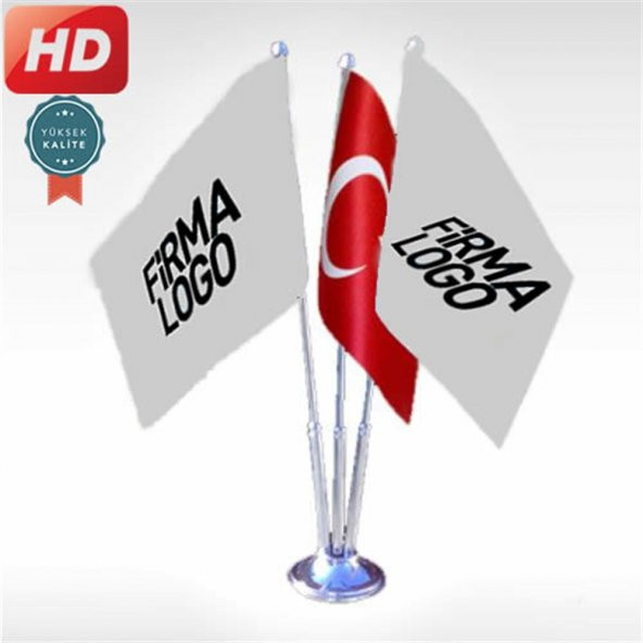 Üçlü Firma+Türk Bayrak, Masa Bayrağı / Saten Bayrak + Krom Direk