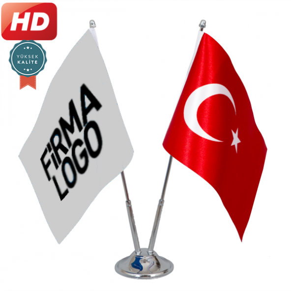 İkili Firma+Türk Bayrak, Masa Bayrağı / Saten Bayrak + Krom Direk