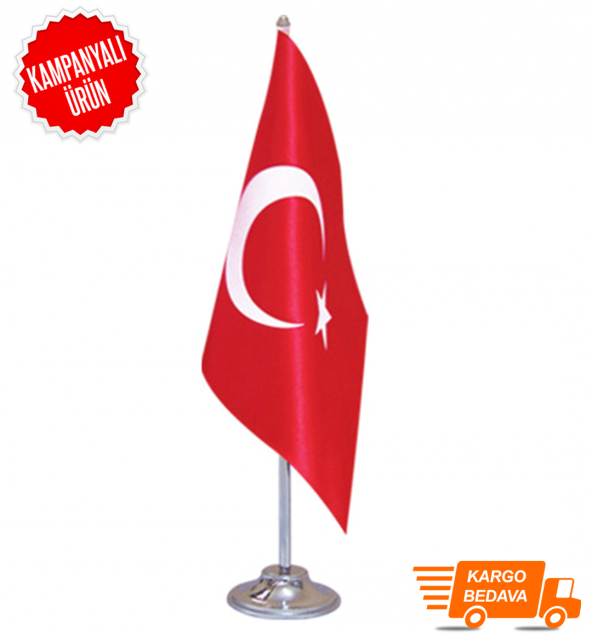 Tekli Türk Masa Bayrağı / Saten Bayrak + Krom Direk