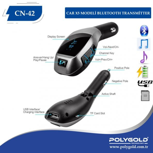 Araç İçi Usb Sd Kart Aux Bluetooth FM transmitter Kablosu X5